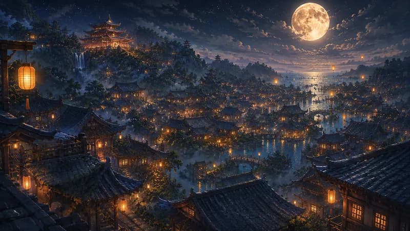 Lantern threads glow through tiered Aokujima rooftops at dusk