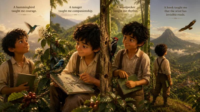 Four vignettes showing Mateo learning courage, companionship, rhythm, and windy roads from hummingbirds and hawks.