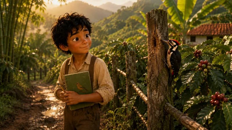 Mateo encountering a woodpecker mentor on the farm path