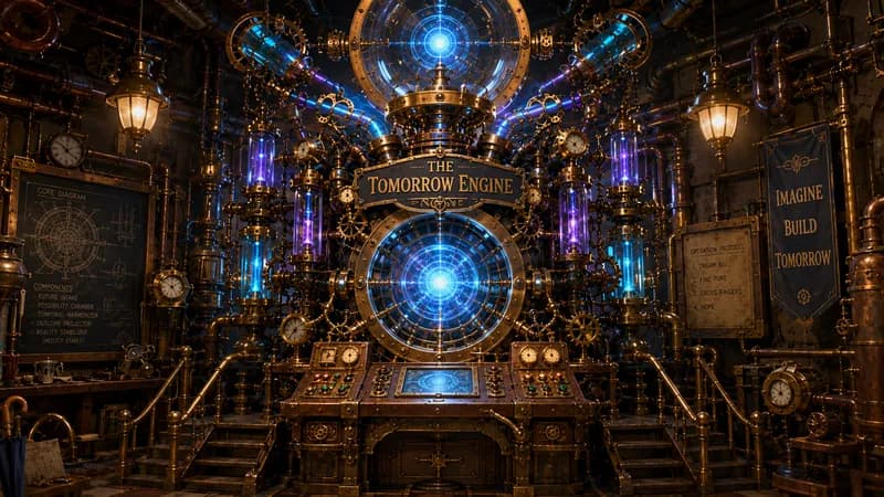 The Tomorrow Engine laboratory console with aurora light across brass machinery