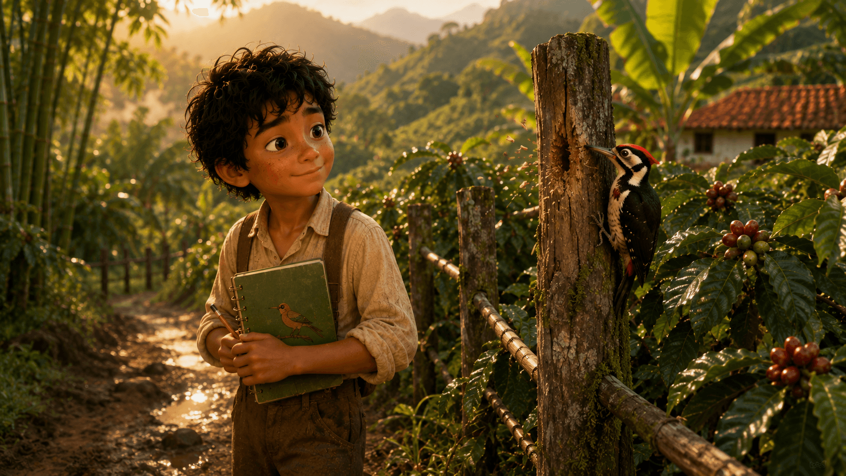Aves De Venecia theatrical key art with Mateo among coffee plants and Andean birds
