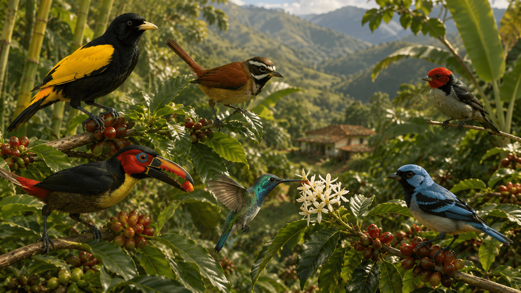 Mateo crosses a muddy coffee lane toward misty ridges while workers harvest ripe cherries.