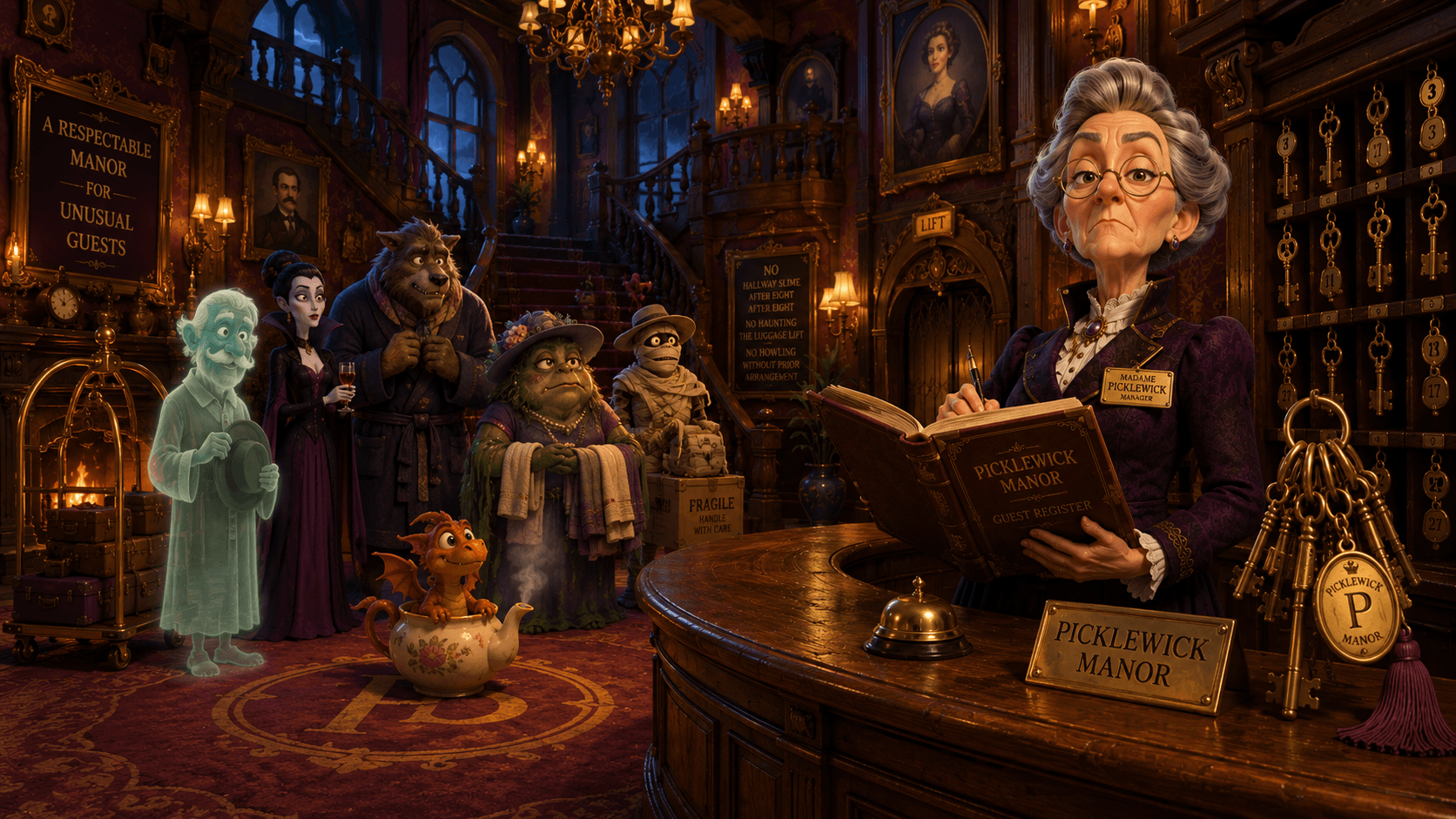 Madame Pickwick stands with brass keys, polished guest ledger, and a stern-but-kind expression.