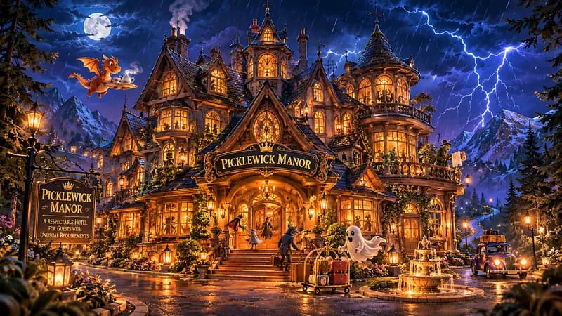 The Picklewick gothic manor blazes warmly while lightning peels across pine-covered peaks.